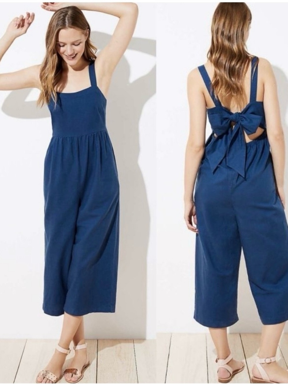 LOFT Navy Blue Square-Neck Tie-Back Cropped Jumpsuit